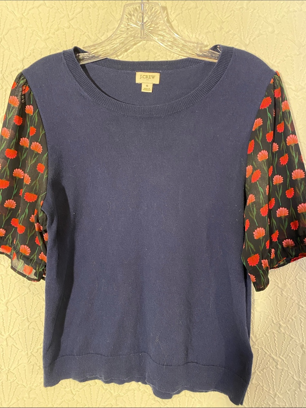 J. Crew Navy Knit Top with Red Floral Puff Sleeves